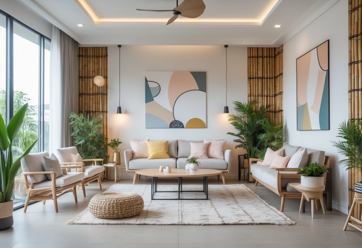 Sala de estar moderna e iluminada com móveis minimalistas, plantas e decoração aconchegante.