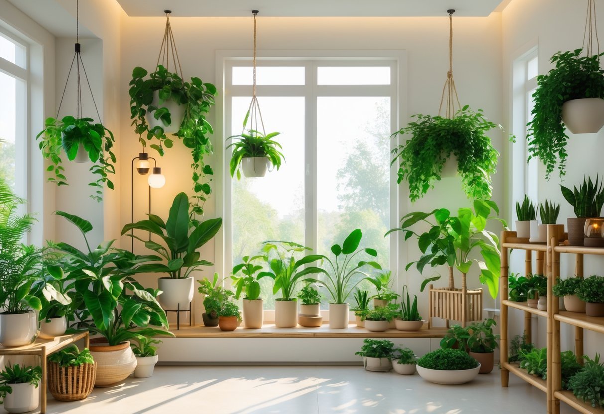 Sala de estar iluminada naturalmente com várias plantas verdes e móveis sustentáveis, transmitindo uma atmosfera de decoração ecológica.