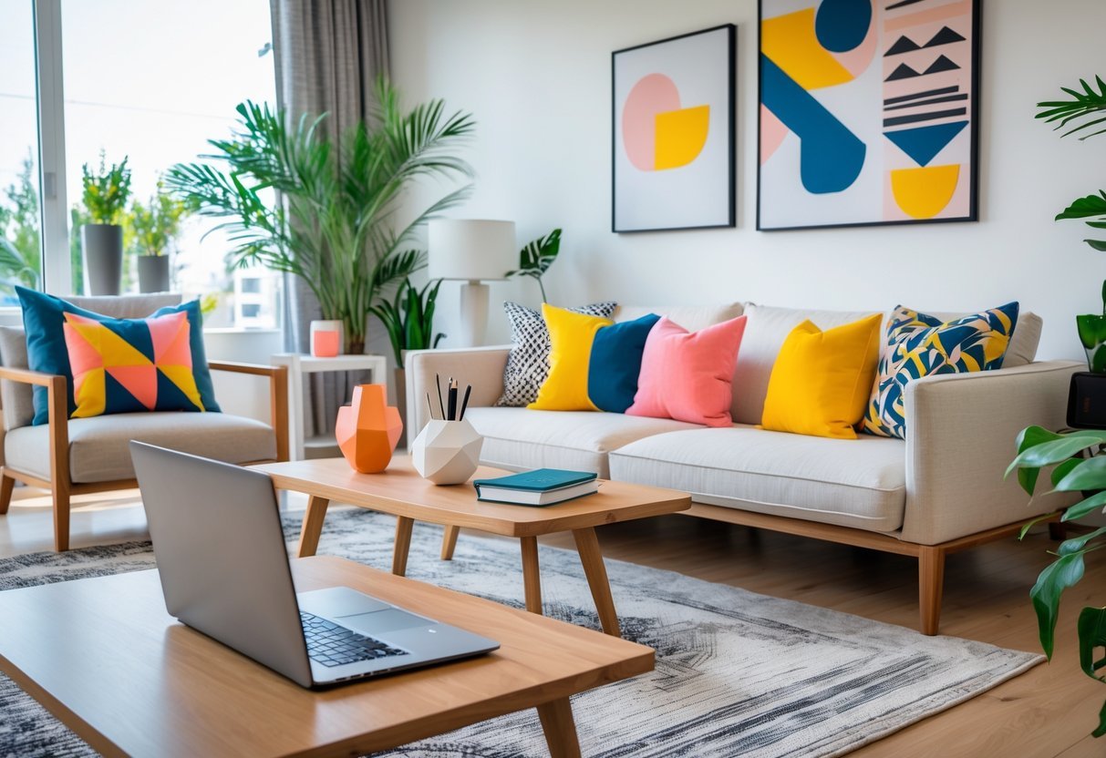 Sala de estar moderna e iluminada com móveis contemporâneos, decoração vibrante, plantas e uma mesa com notebook e caderno para planejamento.