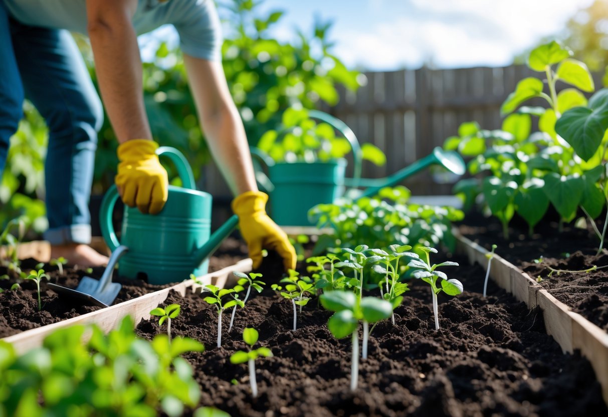 Mãos plantando mudas em uma horta caseira com ferramentas de jardinagem ao redor.
