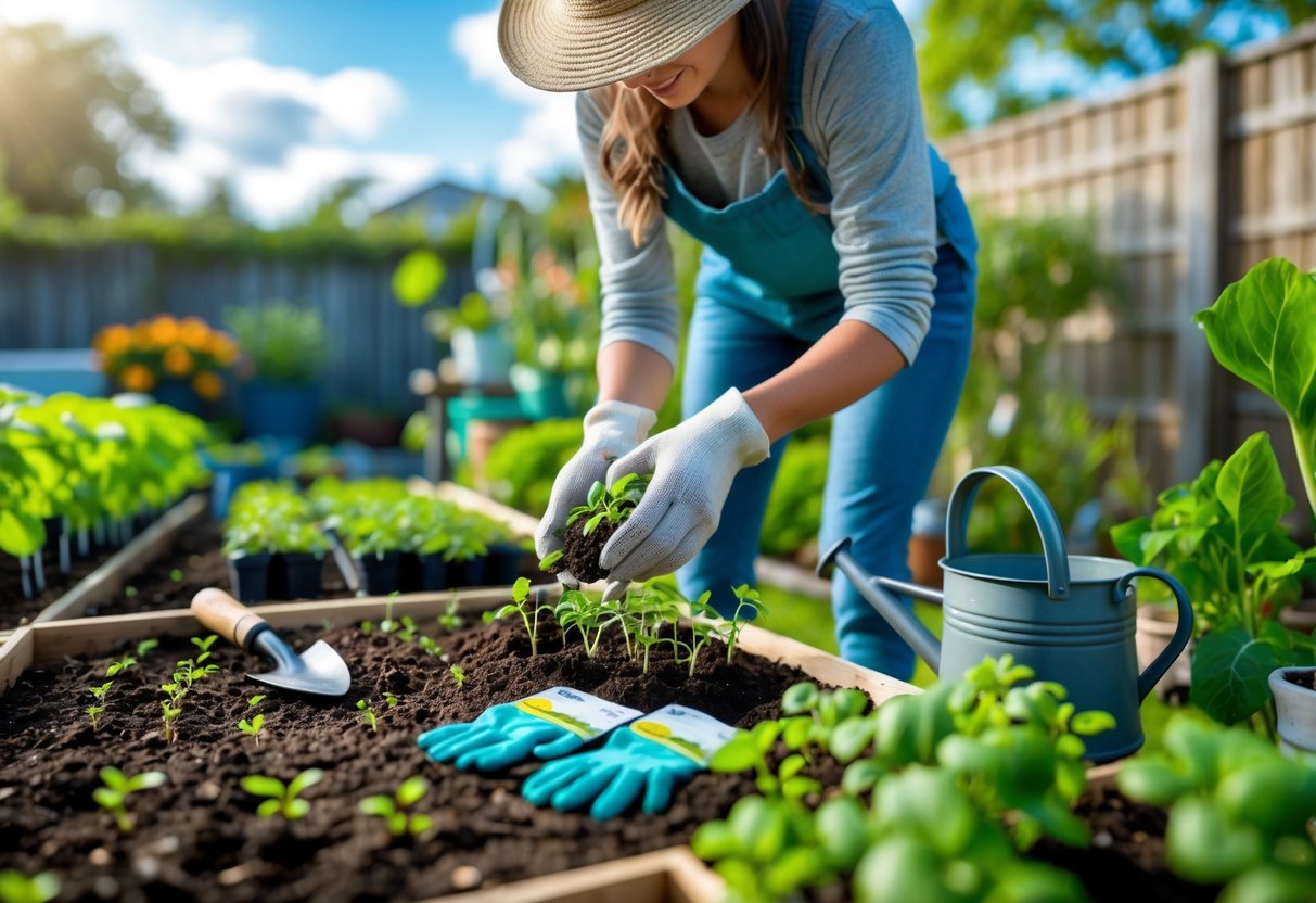 Pessoa preparando uma horta em um jardim ao ar livre com ferramentas de jardinagem e mudas.
