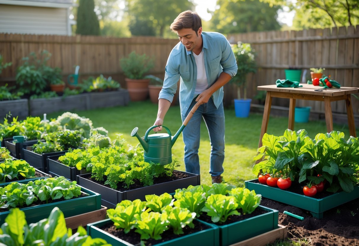 Pessoa cuidando de uma pequena horta com diferentes plantas em um quintal ensolarado.