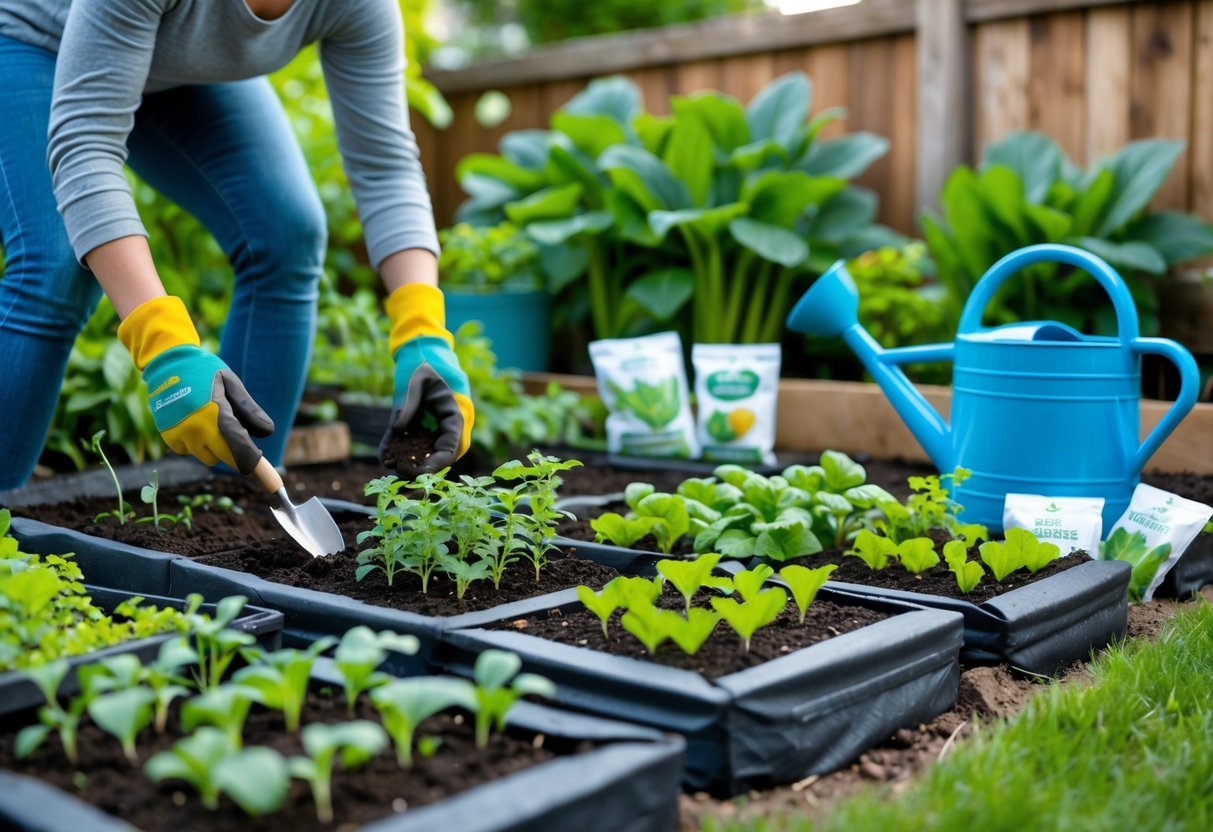Pessoa plantando mudas em uma horta caseira com ferramentas de jardinagem ao redor.