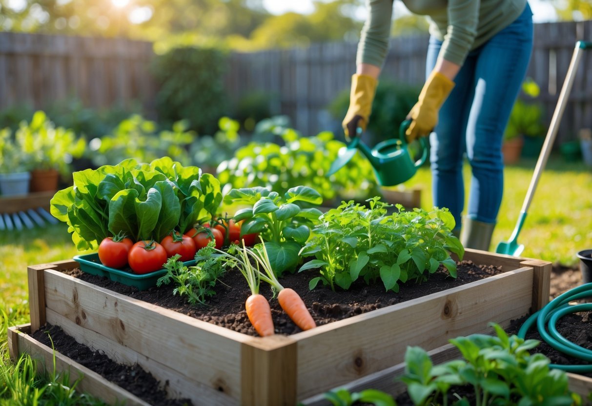 Pessoa cuidando de uma horta com plantas como alface, tomate e manjericão em canteiros ao ar livre durante o dia.