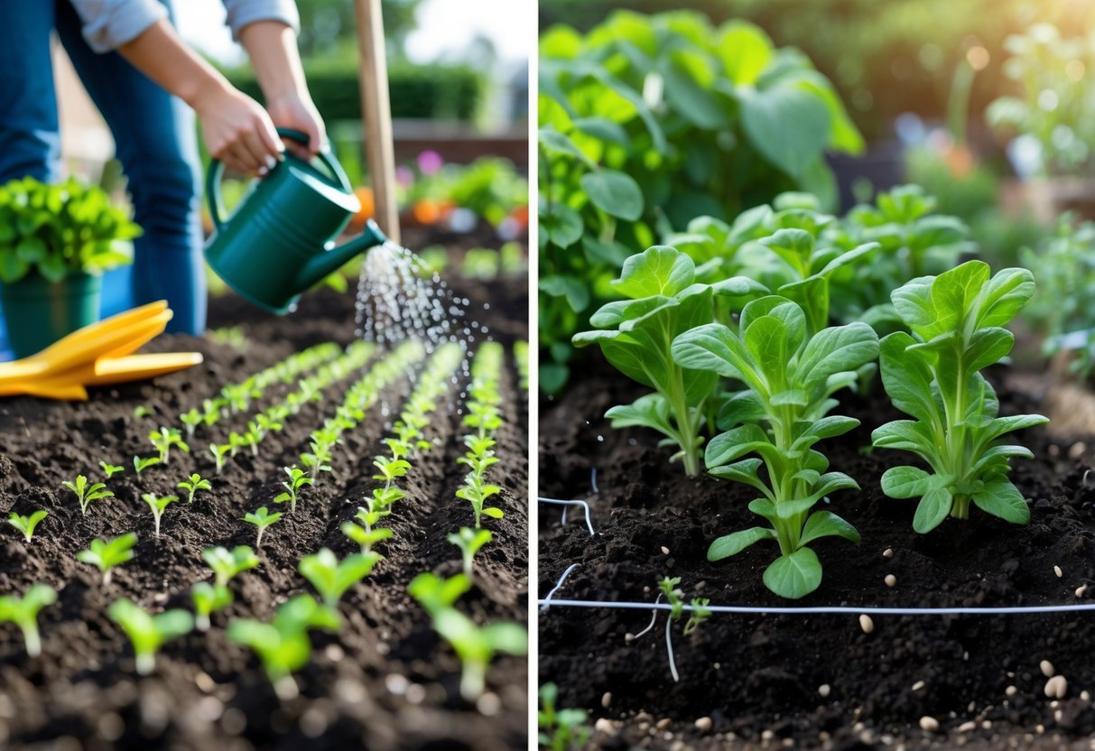 Cena de uma horta urbana mostrando duas técnicas de plantio: à esquerda, mudas pequenas sendo regadas; à direita, plantas maduras crescendo diretamente no solo.