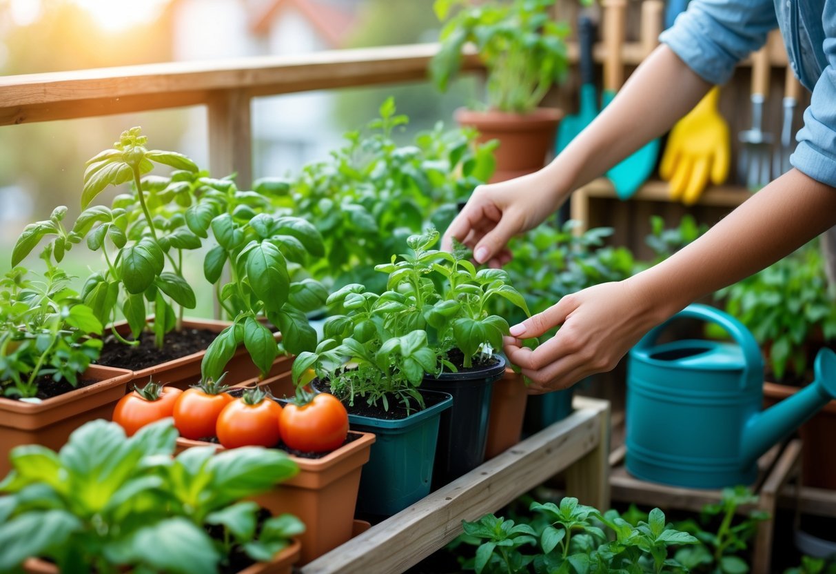 Mãos cuidando de plantas verdes em uma horta caseira com vasos organizados e ferramentas de jardinagem ao fundo.