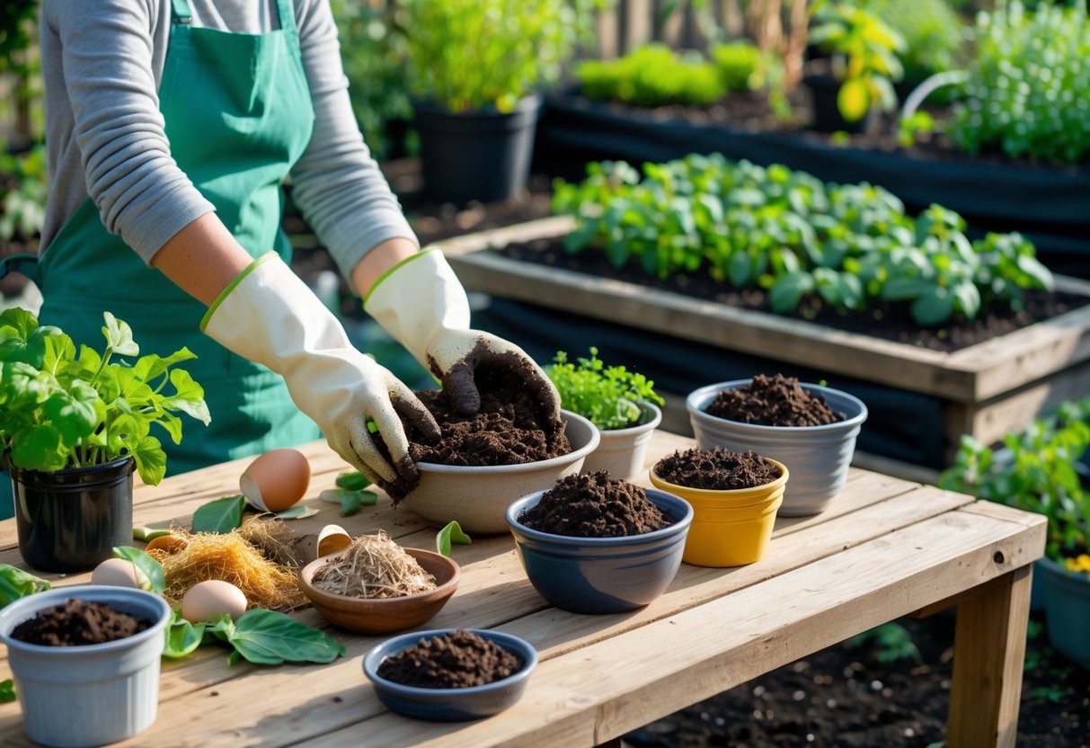 Pessoa preparando adubo orgânico em uma horta caseira com ingredientes naturais e plantas verdes ao fundo.