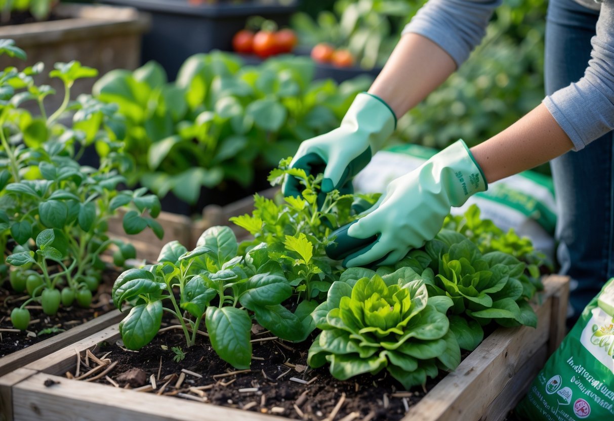 Pessoa cuidando de uma horta orgânica com plantas saudáveis, inspecionando folhas para prevenir pragas e doenças.