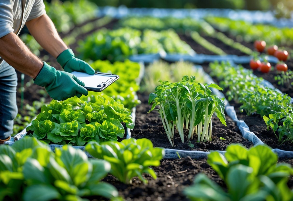 Pessoa cuidando de uma horta com plantas em diferentes estágios de crescimento, incluindo mudas e plantas maduras prontas para a colheita.