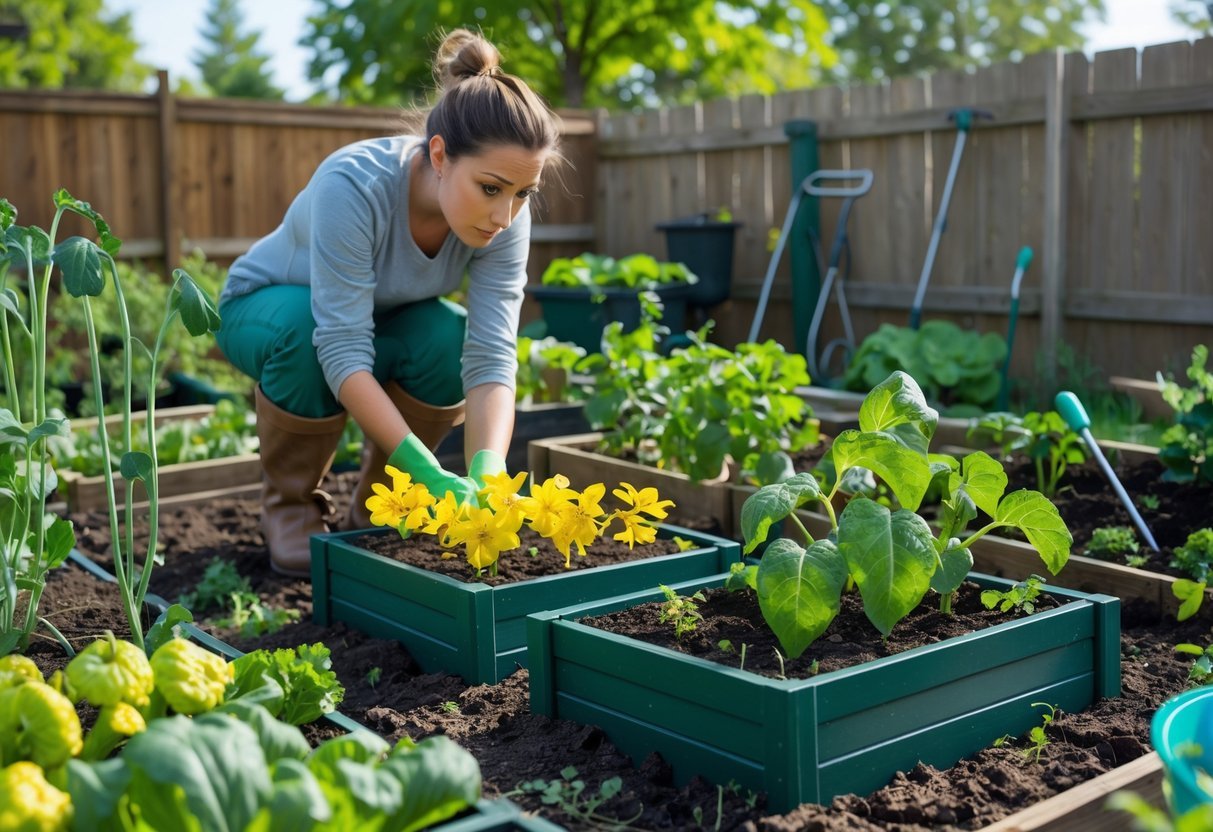 Pessoa cuidando de uma horta caseira com plantas murchas e sinais de erros comuns, como solo encharcado, ervas daninhas e folhas danificadas.