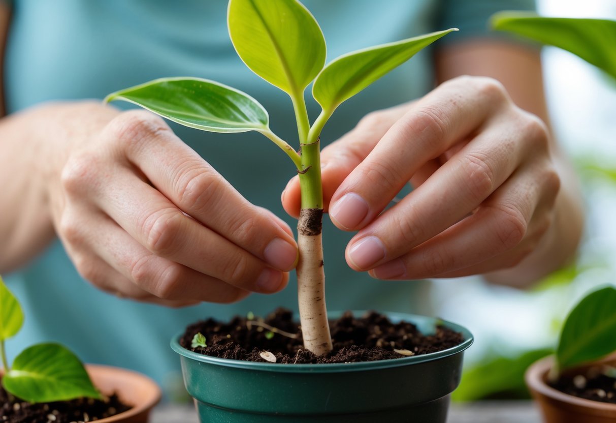 Mãos preparando mudas de filodendro com folhas verdes e solo em um vaso pequeno.