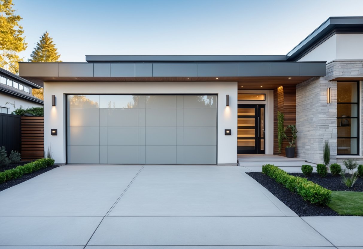 Garagem moderna integrada à fachada de uma casa contemporânea com elementos de vidro, madeira e pedra, em um dia ensolarado.