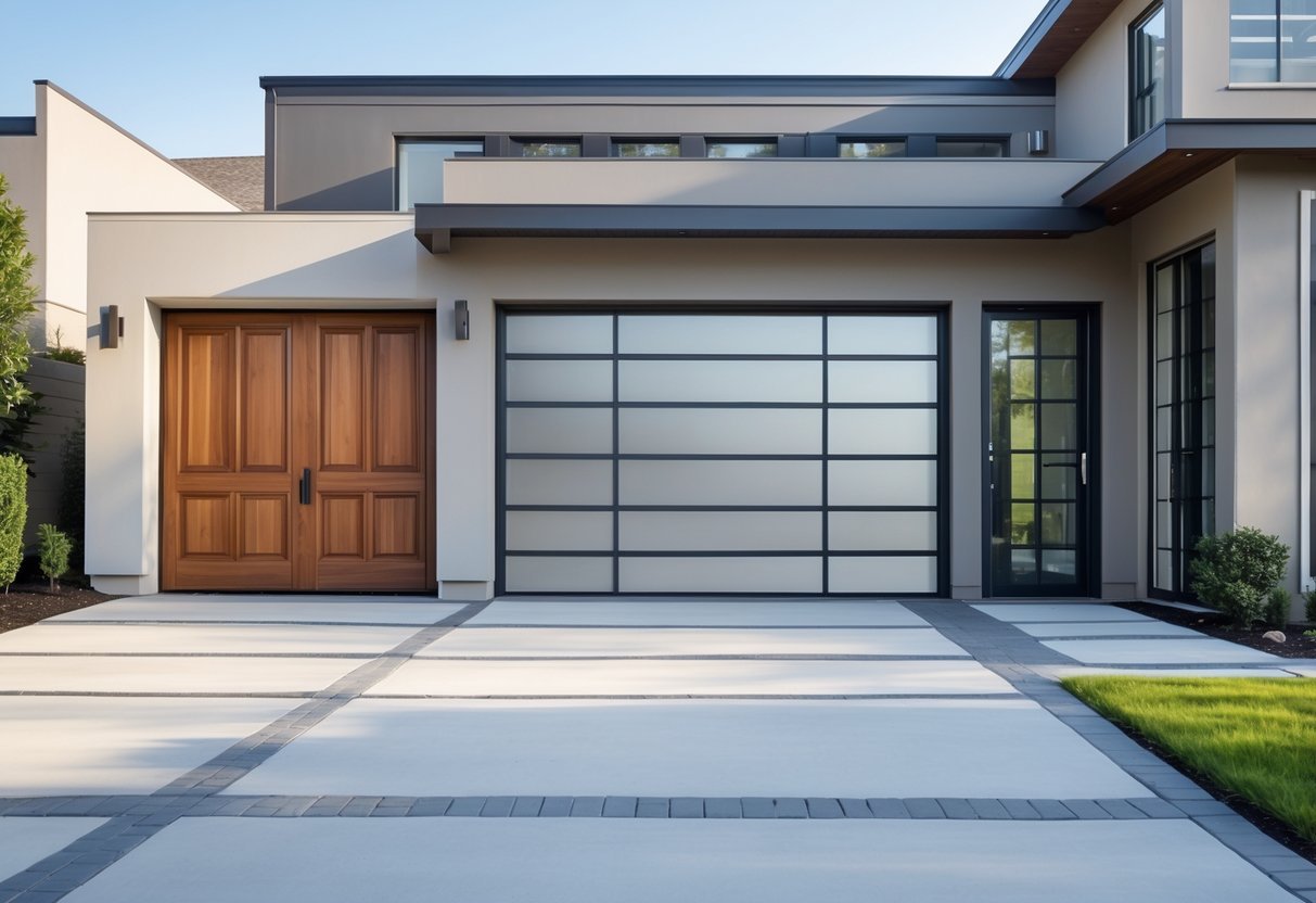 Três modelos diferentes de portas de garagem em uma casa residencial com jardim e calçada.