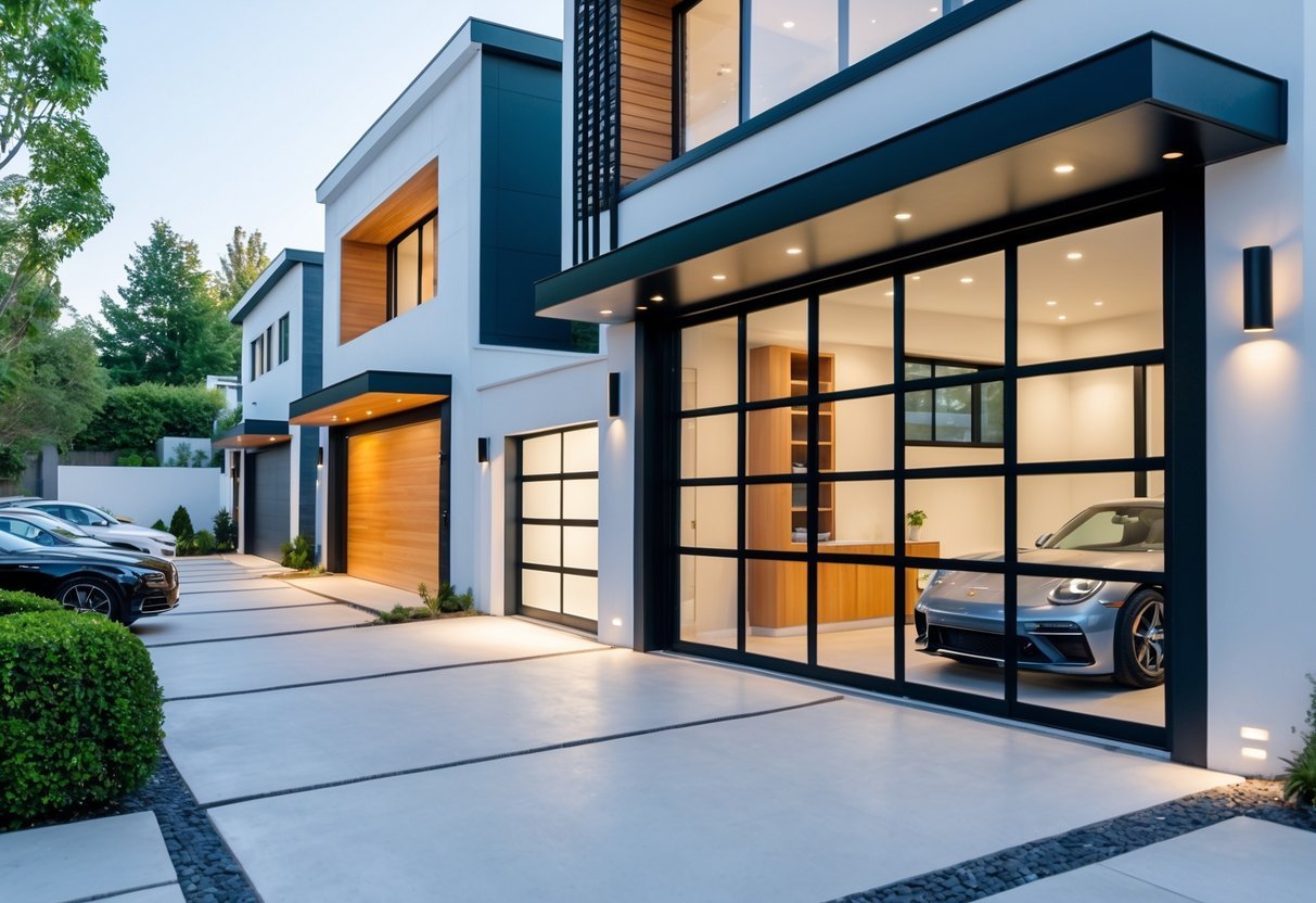 Várias garagens modernas com diferentes estilos arquitetônicos e carros estacionados em um ambiente urbano ou suburbano.