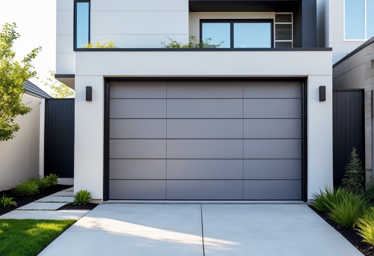Garagem moderna integrada a uma pequena casa com jardim e entrada pavimentada.