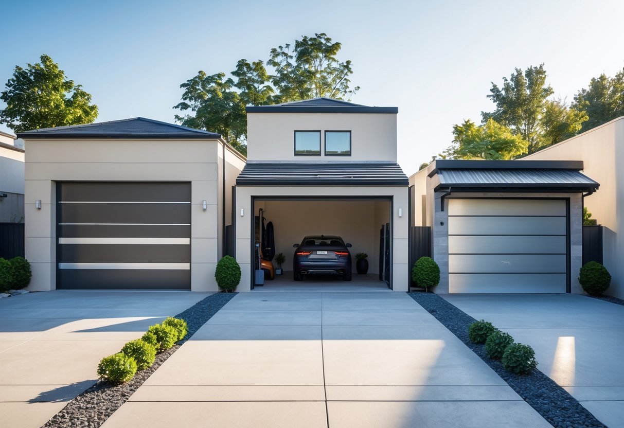 Vários modelos de garagem residenciais em um ambiente limpo e bem cuidado, mostrando diferentes tipos de portas e estruturas.