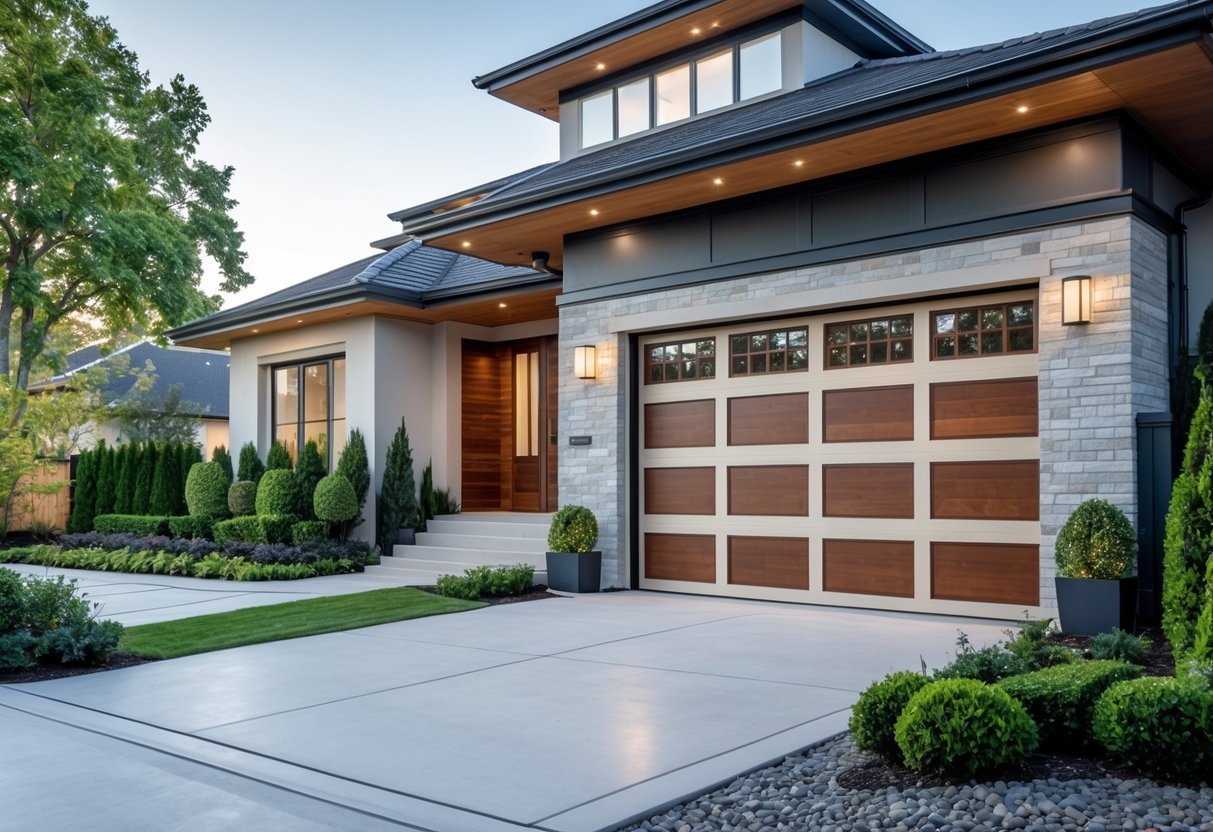 Vista externa de uma garagem residencial moderna com diferentes modelos de portas integradas à fachada da casa, cercada por paisagismo e calçada.