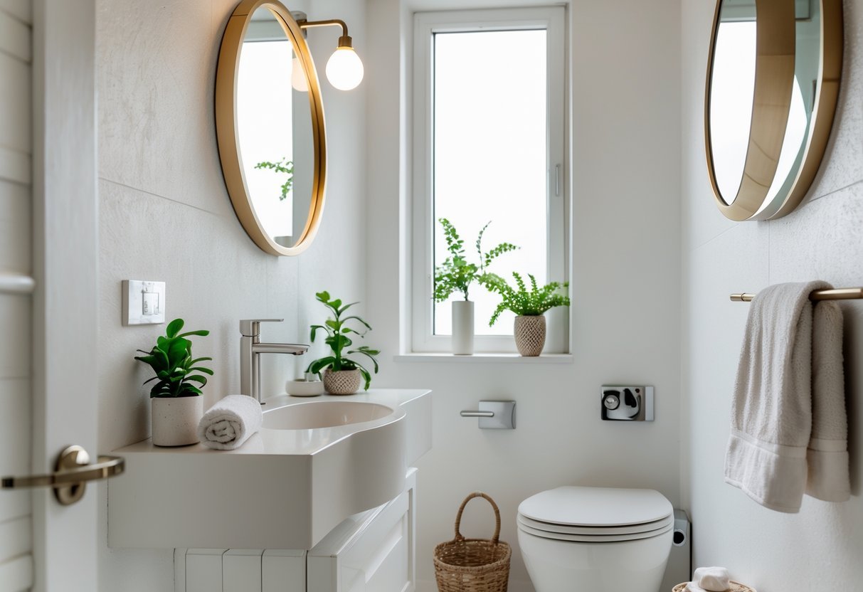 Banheiro pequeno decorado com espelho redondo acima da pia, plantas e toalhas organizadas.