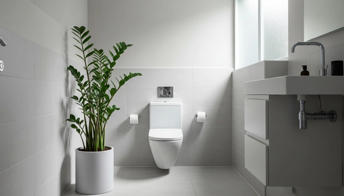 Zamioculca prosperando em banheiro com janela demonstrando adaptação a ambientes úmidos com boa iluminação