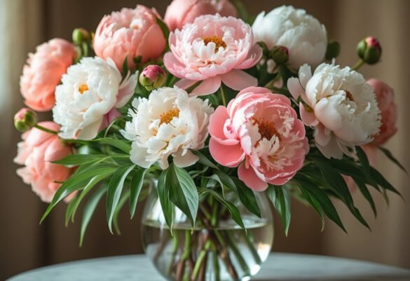 Buquê de peônias coloridas em vaso de vidro sobre superfície clara.