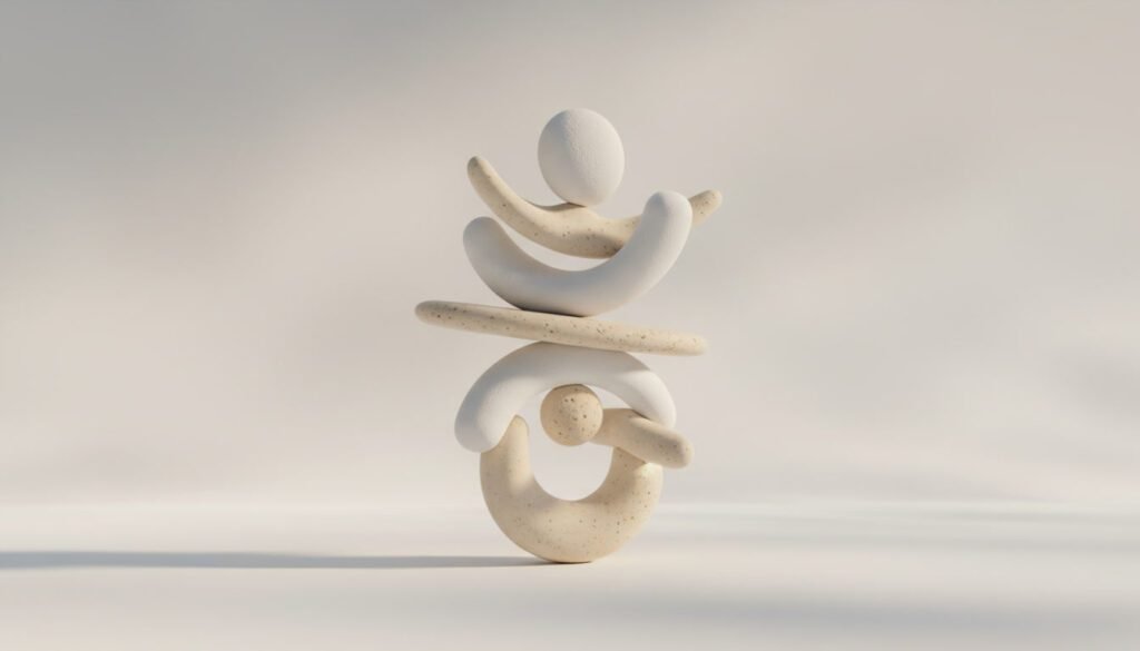 Composição artística minimalista com formas orgânicas em tons de Cloud Dancer e creme equilibradas umas sobre as outras, simbolizando a busca por estabilidade, paz mental e o antídoto ao excesso proposto pela Pantone 2026