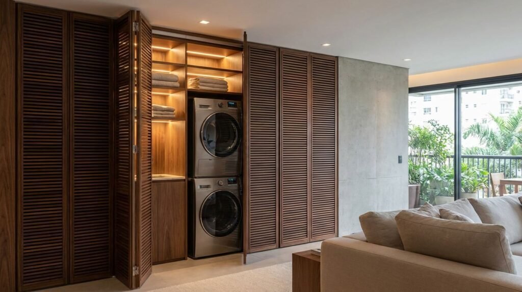 lavanderia mimetizada estilo canadense em sala de estar