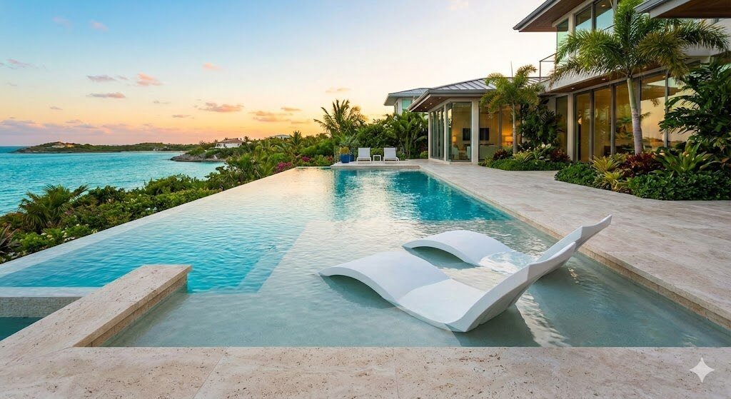 Piscina com prainha e borda infinita com espreguiçadeiras na água e vista para o mar