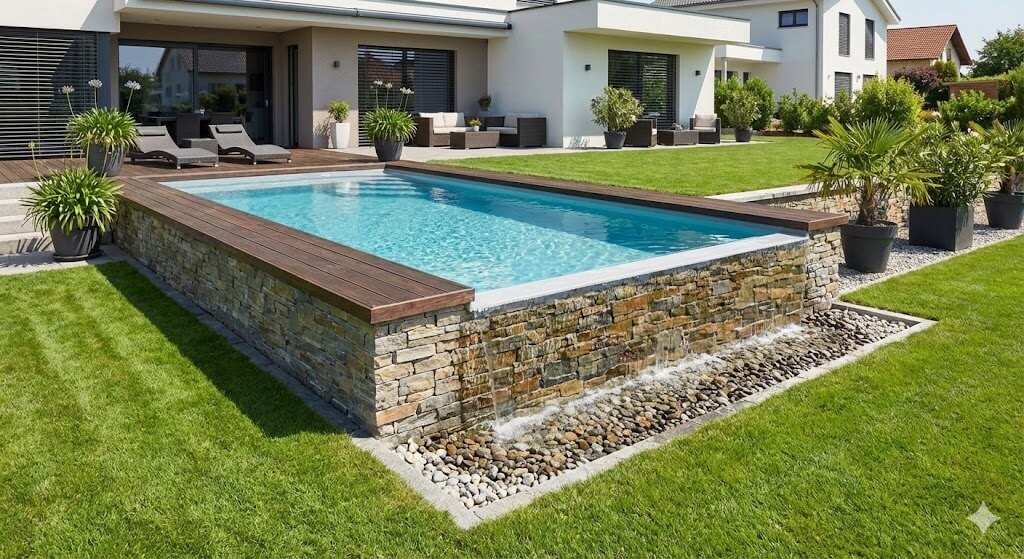 Piscina de borda infinita moderna construída em terreno plano, levemente elevada do solo com acabamento em pedra e calha de transbordo decorativa integrada ao jardim gramado