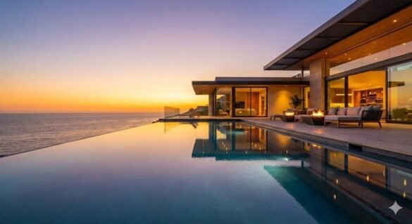 Fotografia panorâmica de uma piscina de borda infinita de luxo durante o pôr do sol, com a água se fundindo ao horizonte do mar e uma casa contemporânea iluminada ao fundo