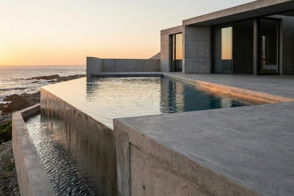 Piscina de borda infinita construída em alvenaria e concreto aparente, destacando a estrutura sólida, a textura do cimento e o design arquitetônico minimalista.