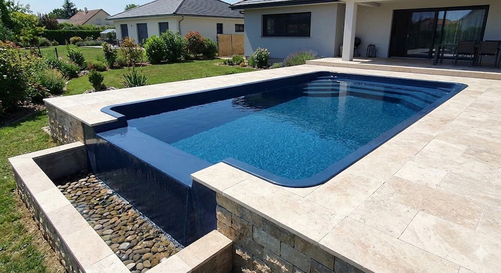 Piscina de fibra de vidro pré-fabricada na cor azul escuro, adaptada com sistema de borda infinita, derramando água em uma calha de pedra integrada ao deck em uma residência moderna.