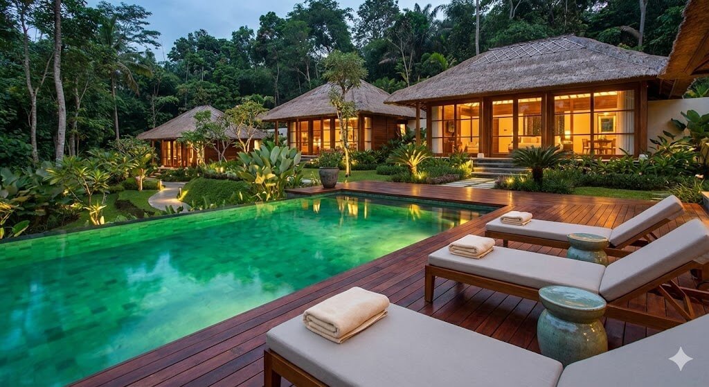 Piscina de borda infinita de luxo com revestimento em pedra verde (hijau), deck de madeira polida e bangalôs sofisticados na selva, inspirando um resort de alto padrão