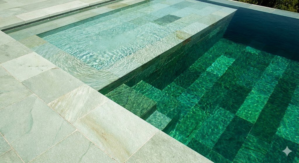 Detalhe de piscina revestida em pedra natural verde (como a pedra hijau), demonstrando o "efeito camaleão" onde a cor da pedra muda de tom pálido na borda seca para um esmeralda vibrante e profundo sob a água.
