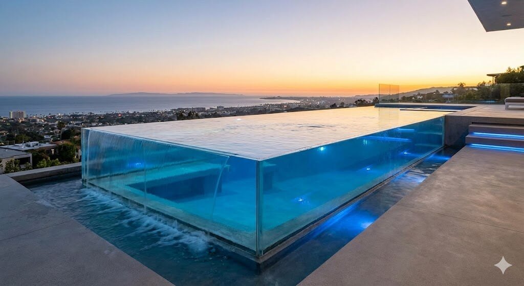 Piscina de borda infinita com parede lateral de vidro transparente (acrílico), permitindo visualizar a água azul cristalina através da estrutura e criando um efeito de aquário moderno e luxuoso.