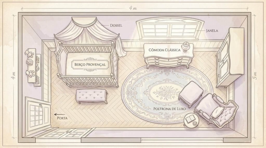 planta do quarto de bebê estilo provençal atemporal