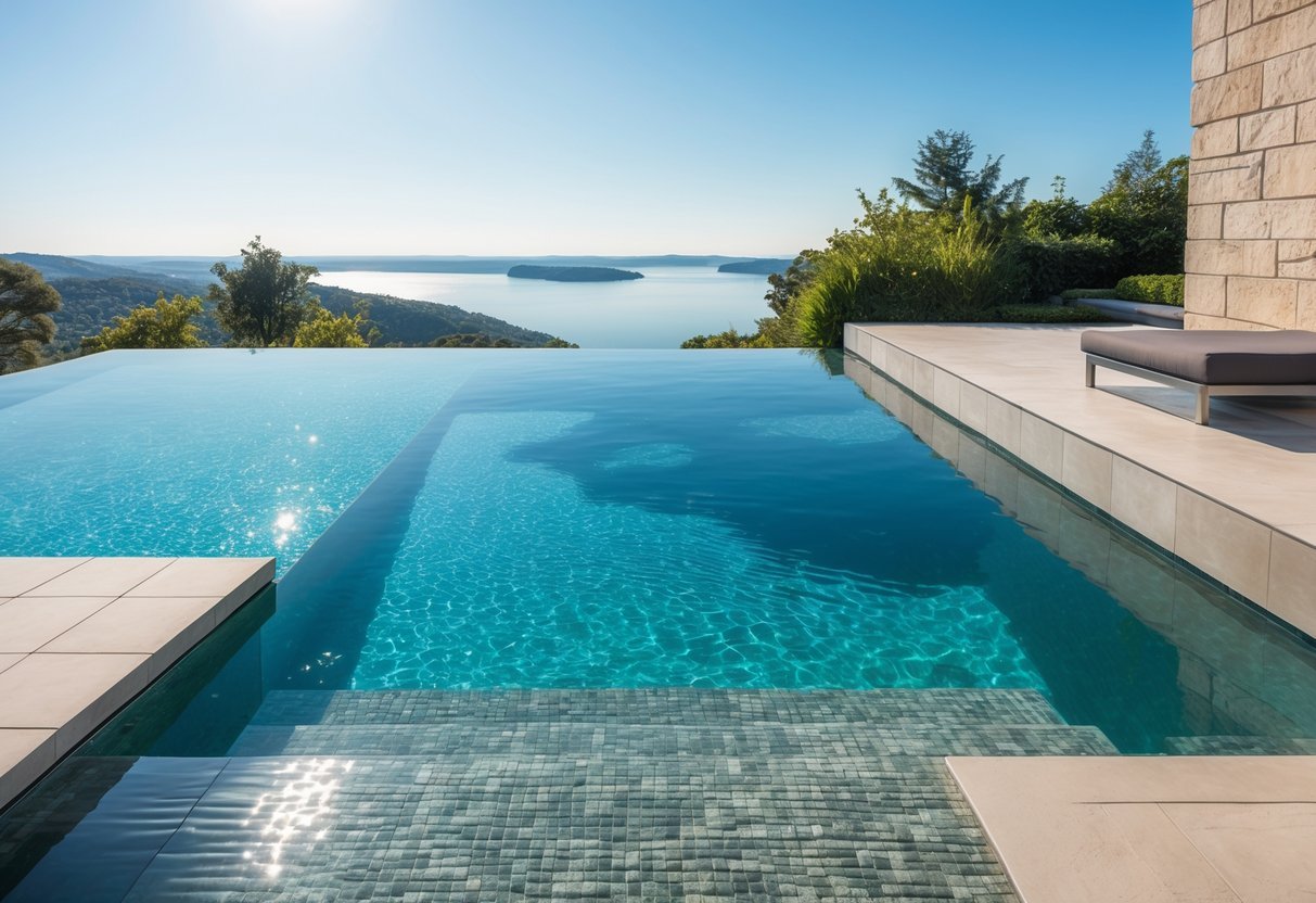 Piscina de borda infinita com água azul cristalina, rodeada por materiais modernos como pedra natural e madeira, com paisagem verde ao fundo.