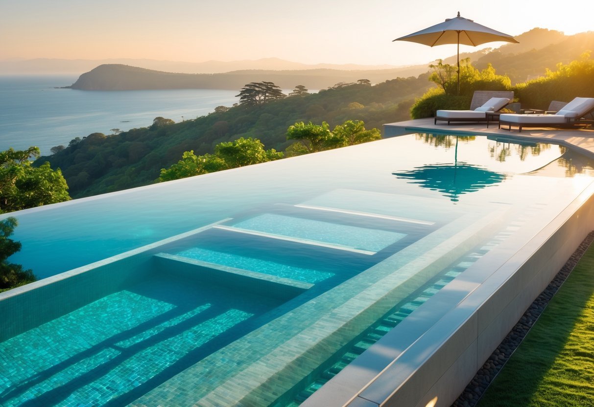 Piscina de borda infinita com água cristalina, móveis modernos ao redor e vista para montanhas e vegetação ao fundo.