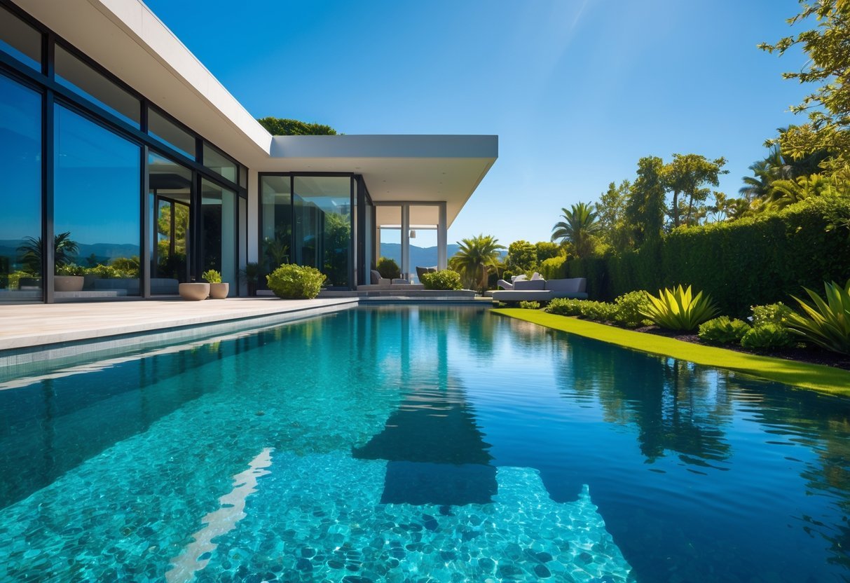 Casa moderna com piscina de borda infinita em um jardim bem cuidado, sob luz natural do dia.