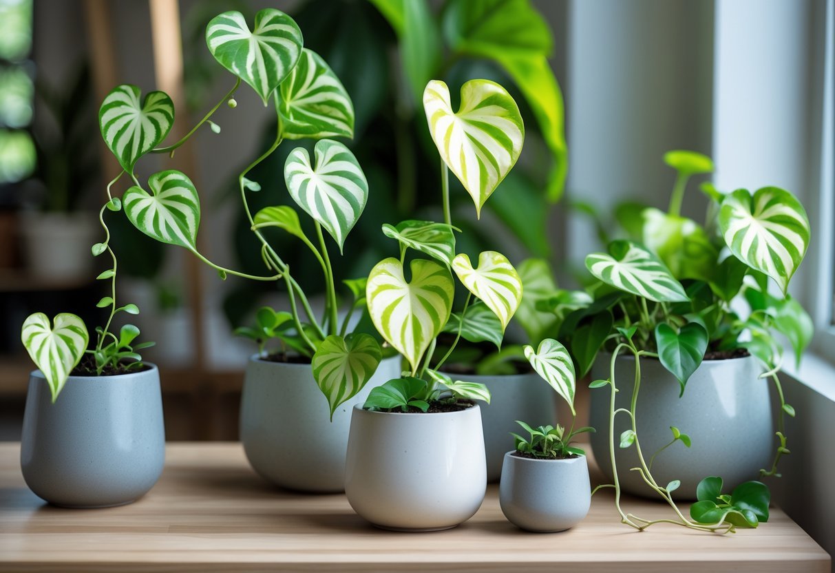 Várias plantas Jibóia verdes em vasos decorativos, exibindo folhas em diferentes padrões de variação, em um ambiente interno iluminado.