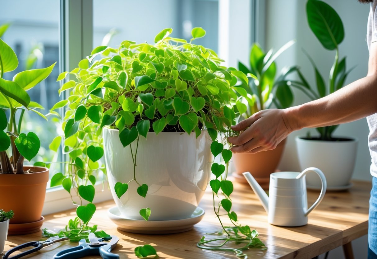 Pessoa cuidando de uma planta jibóia saudável em um ambiente interno iluminado pela luz natural.