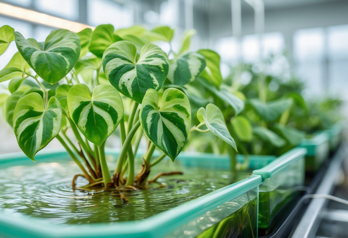 Planta jibóia verde saudável crescendo em um sistema hidropônico com raízes visíveis na água.
