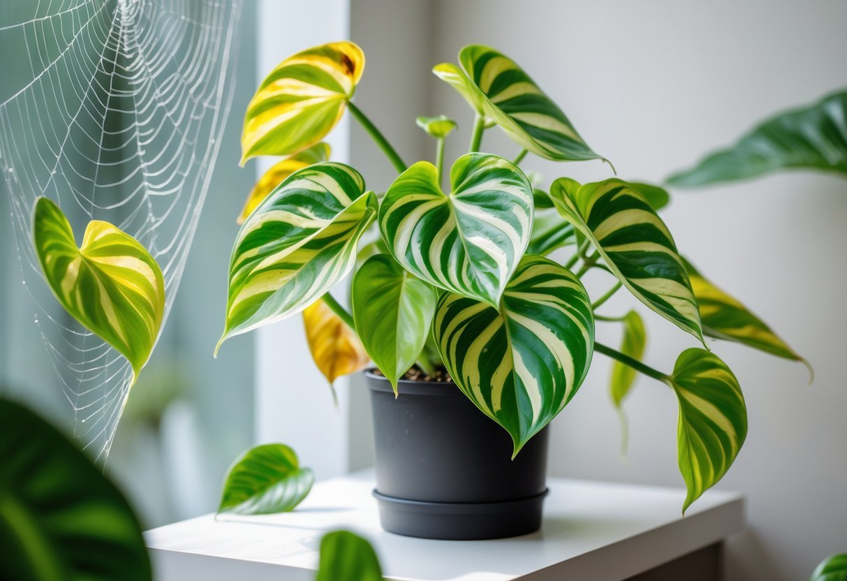 Planta jibóia verde com folhas brilhantes e sinais sutis de pragas e problemas comuns, em ambiente interno com iluminação natural.
