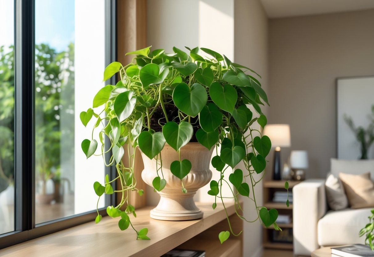 Sala de estar com uma planta jibóia em vaso sobre uma prateleira próxima a uma janela, com móveis claros ao fundo.