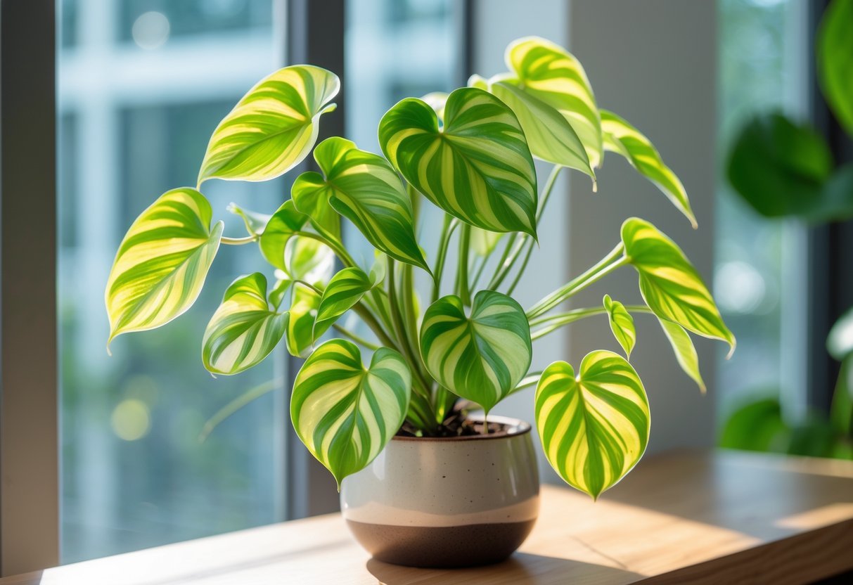 Planta jibóia verde e saudável em vaso sobre uma superfície de madeira próxima a uma janela iluminada pela luz natural.