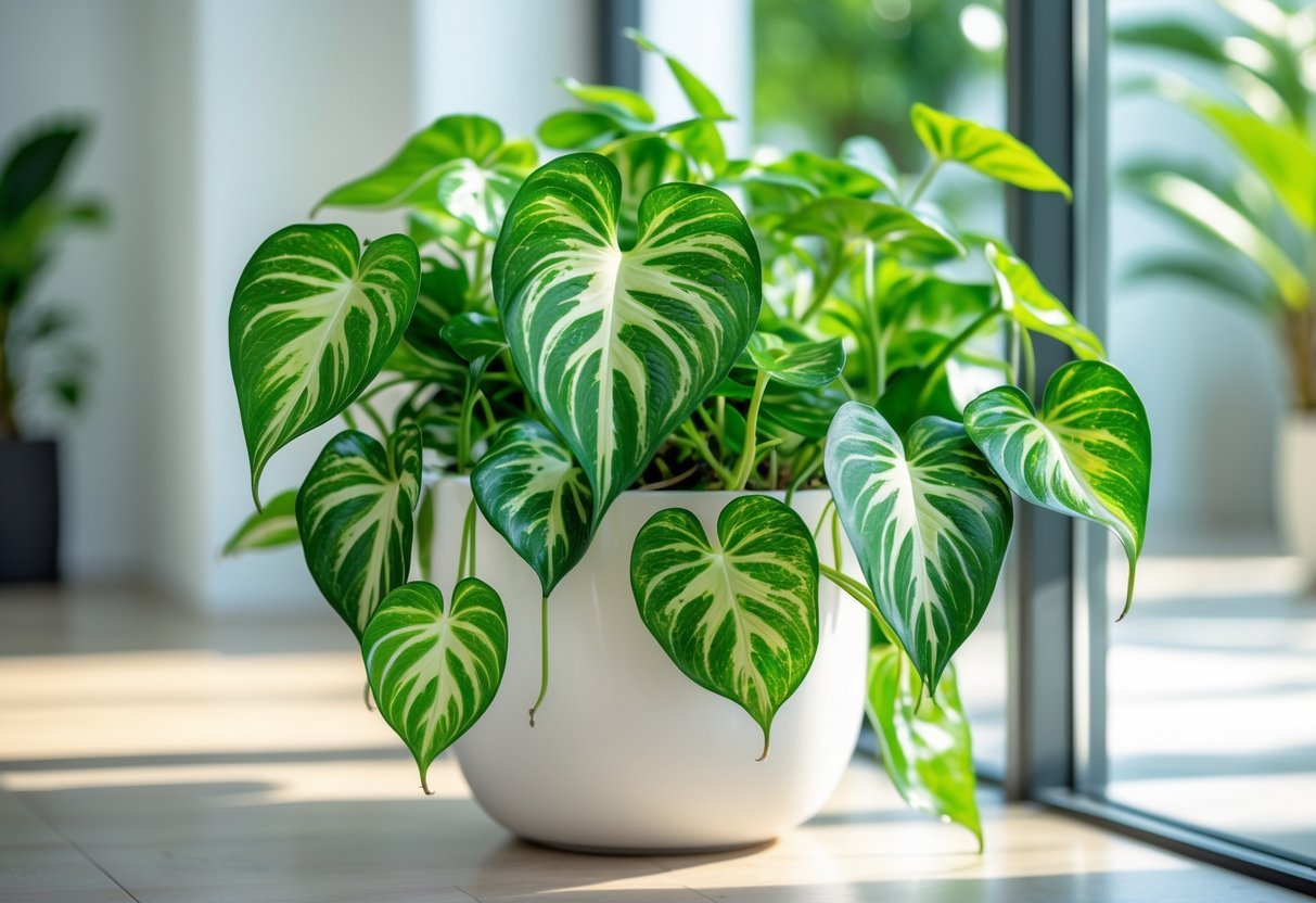 Planta jibóia com folhas verdes em vaso branco em ambiente interno iluminado pela luz natural.