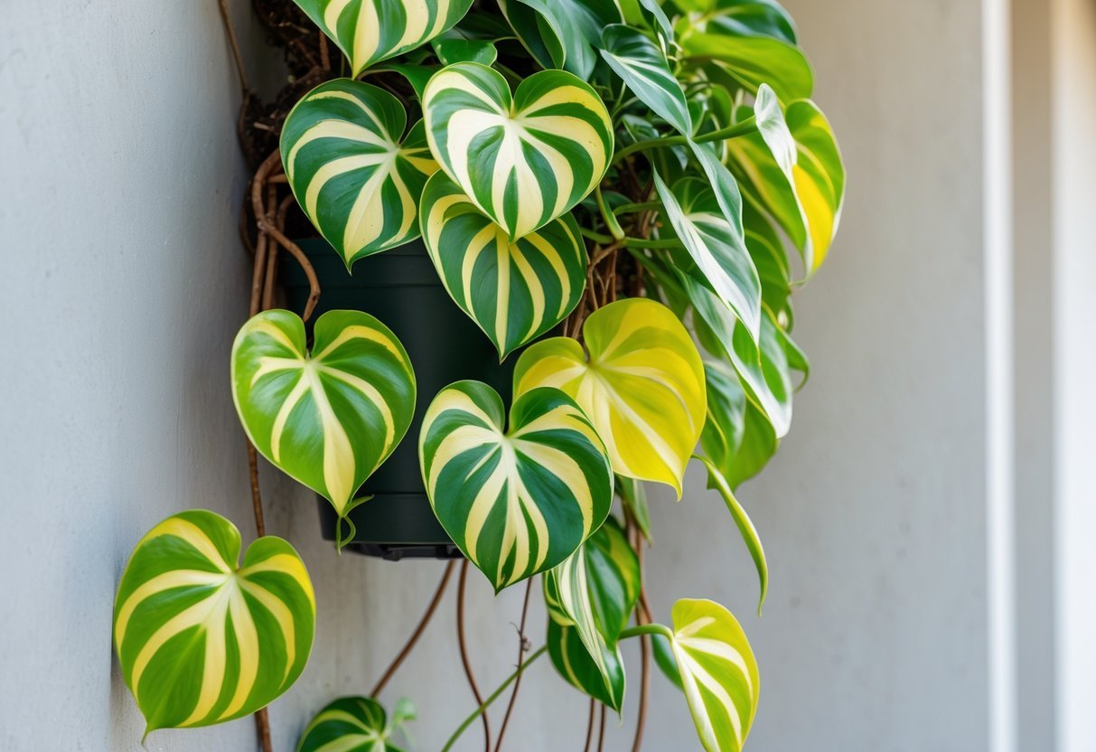 Filodendro Brasil com folhas verdes e amarelas subindo em uma parede lisa e clara.