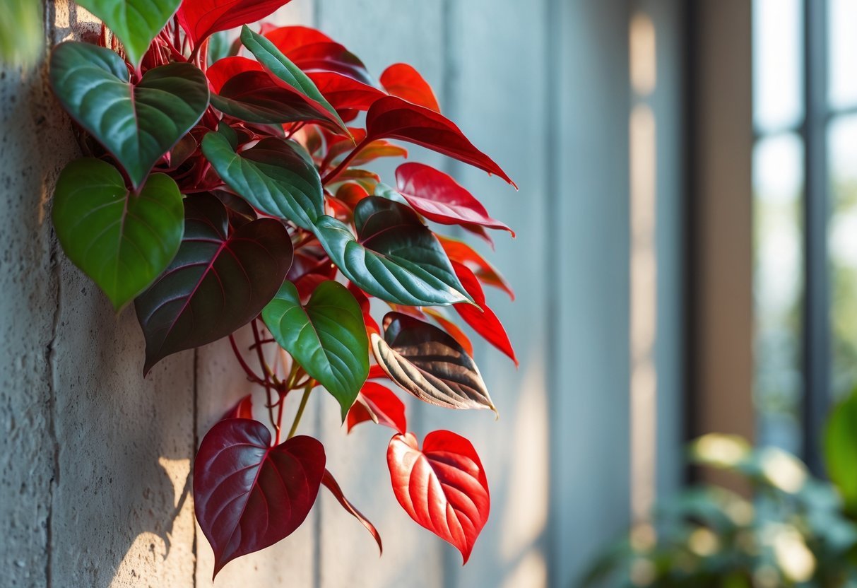 Filodendro Imperial Red subindo pela parede interna, com folhas grandes e vermelhas.