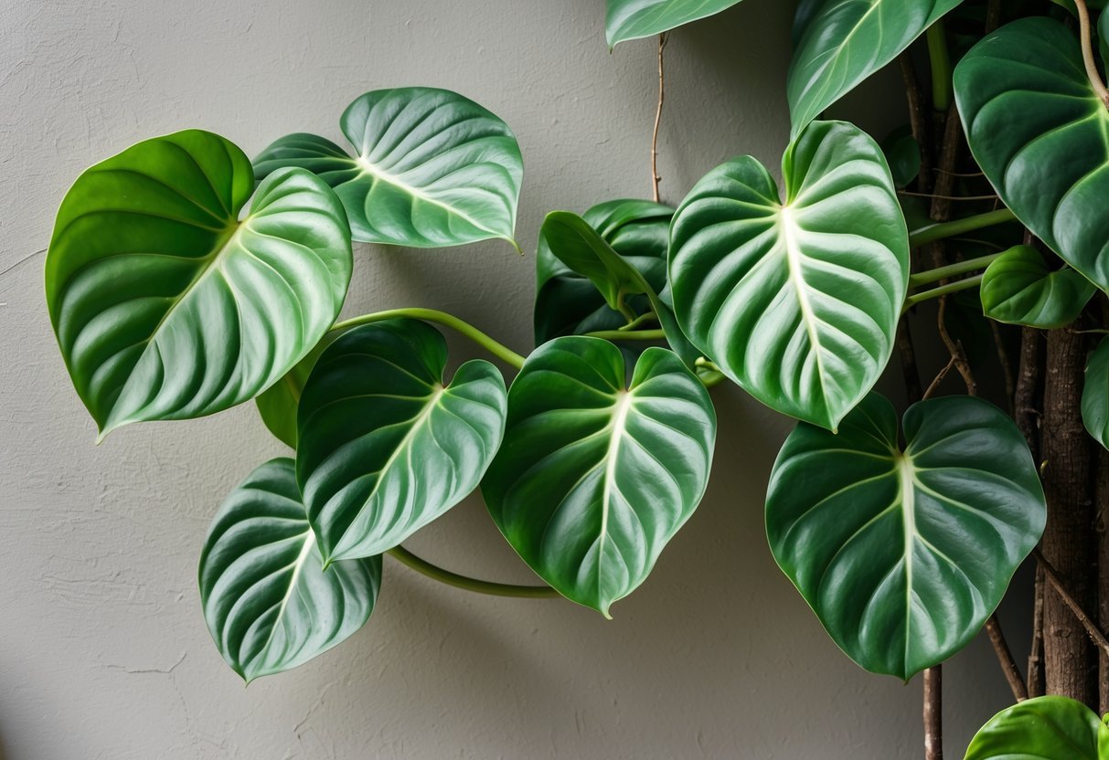 Planta Filodendro Gloriosum com folhas grandes e verdes subindo em uma parede.