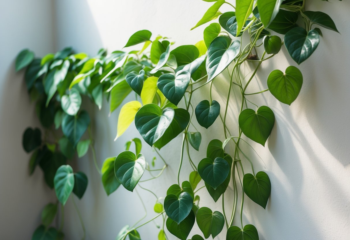 Filodendro Micanum subindo em uma parede com folhas verdes e variegadas.