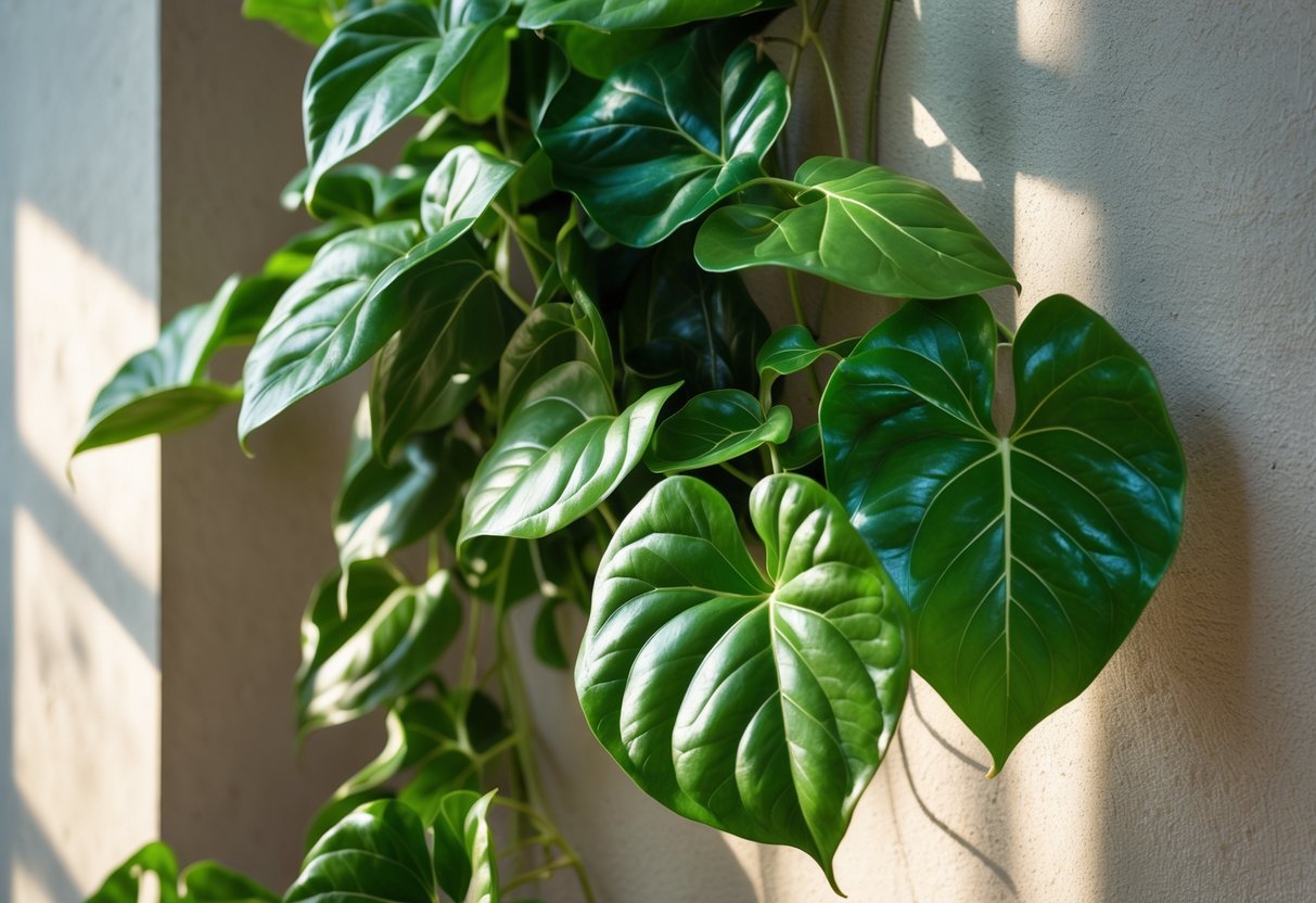 Planta Filodendro Congo com folhas grandes e verdes subindo em uma parede interna.